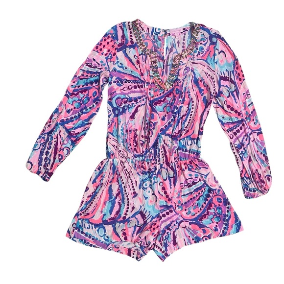 Lilly Pulitzer Colony Coral Shell Out Colby Pink Blue Print Romper M - Picture 4 of 12